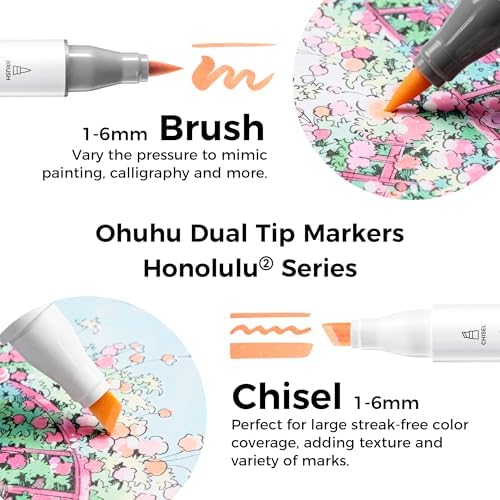 Ohuhu Alcohol Markers Brush& Chisel 48 Pastel Colors for Adults Coloring