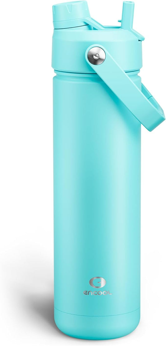 ENCOOL Insulated Water Bottle with Straw Stainless Steel Water Bottle, Leak-Proof, BPA-Free, Double Wall Vacuum Keeps Cold for 24 Hours for Sports, Travel, School (26 oz, Aquamarine Blue)