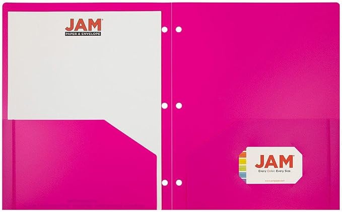 JAM PAPER Heavy Duty Plastic 3 Hole Punch Pocket Folders - Extra Tough School Folders - Fuchsia Hot Pink - Bulk 48/Pack