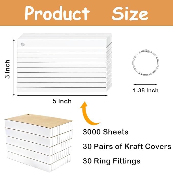 3000 Pcs White Index Cards Bulk with Rings, 3x5 Inch Flash Cards with Holder for Studying, Notecards Lined for Office, Home, School Supplies College, Ruled Index Cards, Double Sided