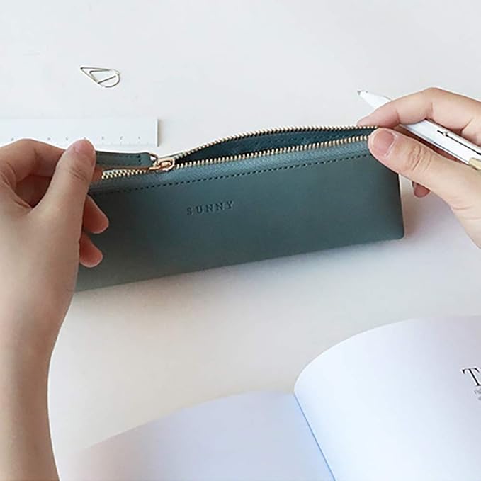 Doraking pen Case Cosmetic Makeup bag, stationery pouch PU Leather Small Pencil Pouch Students Zipper Bag for Pens, Pencils, Markers (Dark Green)