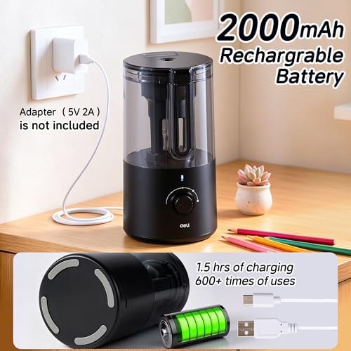 Deli Electric Pencil Sharpener, Fully Automatic Pencil Sharpener for 6.9-8mm No.2 & Colored Pencils, Auto in & Out, Rechargeable Hands-Free Sharpener for Classroom, Home, Office, Black