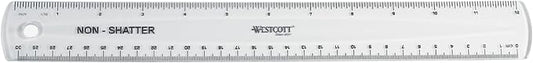 Westcott English and Metric Shatterproof Ruler, Clear, 12"