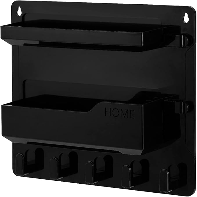 Wall Mount Shelf Organizer, Adhesive Bedside Shelf Accessories with Hooks and Cable Clips, Dorm Room Wall Storage for Phone, Remote, Earphone, Kindle, Plastic(Black)