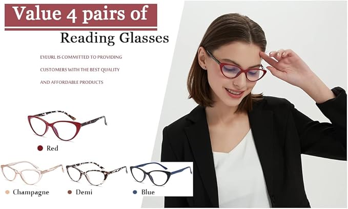 EYEURL 4-Pack Cat Eye Reading Glasses for Women- Blue Light Blocking Readers with Spring Hinges,Anti-Glare/UV Rays Reading Glasses,1.25