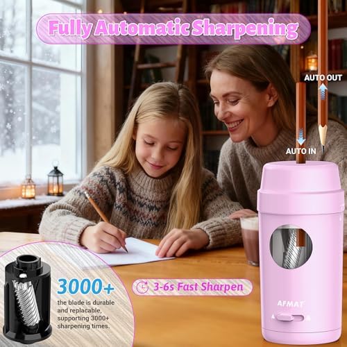 AFMAT Electric Pencil Sharpener, Auto in & Out, Fully Automatic Pencil Sharpener for Colored Pencils, Rechargeable Hands-Free Sharpeners for φ7-8mm Pencils, Good for Classroom/Home PSX8(Light Purple)