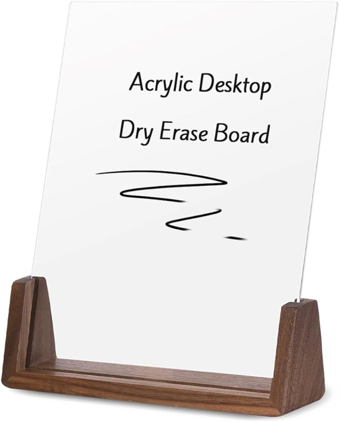 Acrylic Dry Erase Board with Walnut Wood Base, Clear Desktop Whiteboard Memo Board, Desktop Writing Note Pad, Mini Acrylic Board for Tabletop Display(Walnut Base,Acry