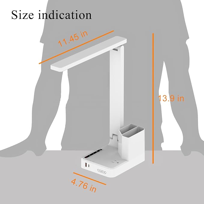 COZOO LED Desk Lamp with 2 USB Charging Ports,Type C Port,1 AC Outlet,2 Pen Holders,3 Color Temperature 3 Brightness Level,Touch/Memory/Timer,10W Eye Protection Foldable Reading Light,Study Lamp-White