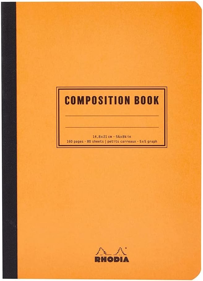 RHODIA 119208C - Flexible Notebook Cloth Back Composition Book Orange - A5 - Small Squares - 160 pages - White Clairefontaine Paper 80 g/m - Classic