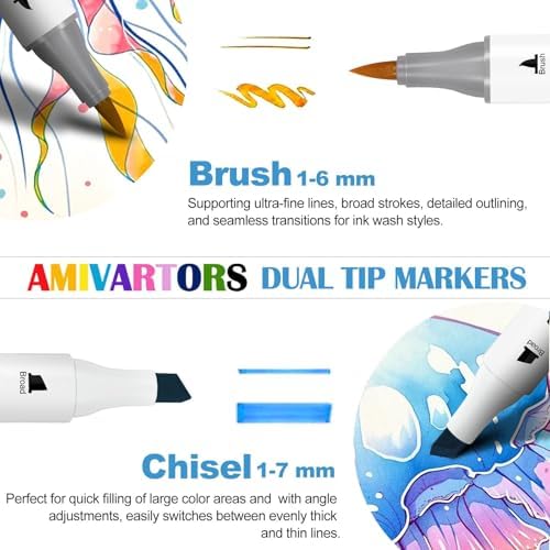 Alcohol Markers Brush Tip, 48 Colors Dual-Tip Artist Markers, Brush & Chisel, 3.5g Large-Capacity Ink, with Kickstand Case, For Adult Coloring, Sketching, Design, Comics and Gifts