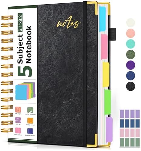 Hardcover Spiral Notebook 8.5"x11" Journal with Removable Dividers Tabs, 300 Pages Organizer Notebooks for Work School, Leather 5 Subject Notebook College Ruled, Large Lined Journal for Women，Black
