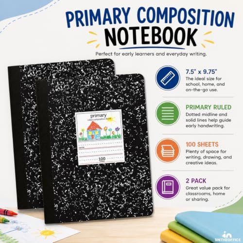 1InTheOffice Primary Composition Notebook, 7 1/2" x 9 3/4", Unruled/Primary Ruled, 100 Sheets
