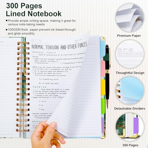 Spiral Journal Notebooks for Work, 300 Pages 5 Subject Notebook College Ruled with Dividers & Tabs, A5 Notebook Journal for Women Students Note-Taking and Organizer (Teal Luxe Marble)