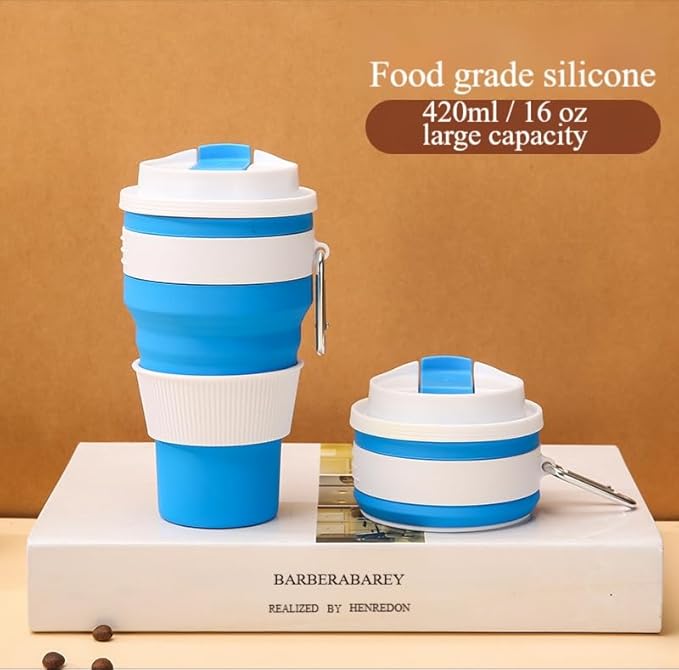Foldable silicone coffee cup, 16 oz portable eco-friendly water cup with double lids, storage with hanging ring to save space, suitable for outdoor hiking, camping, cycling, car use (Green 420ML)