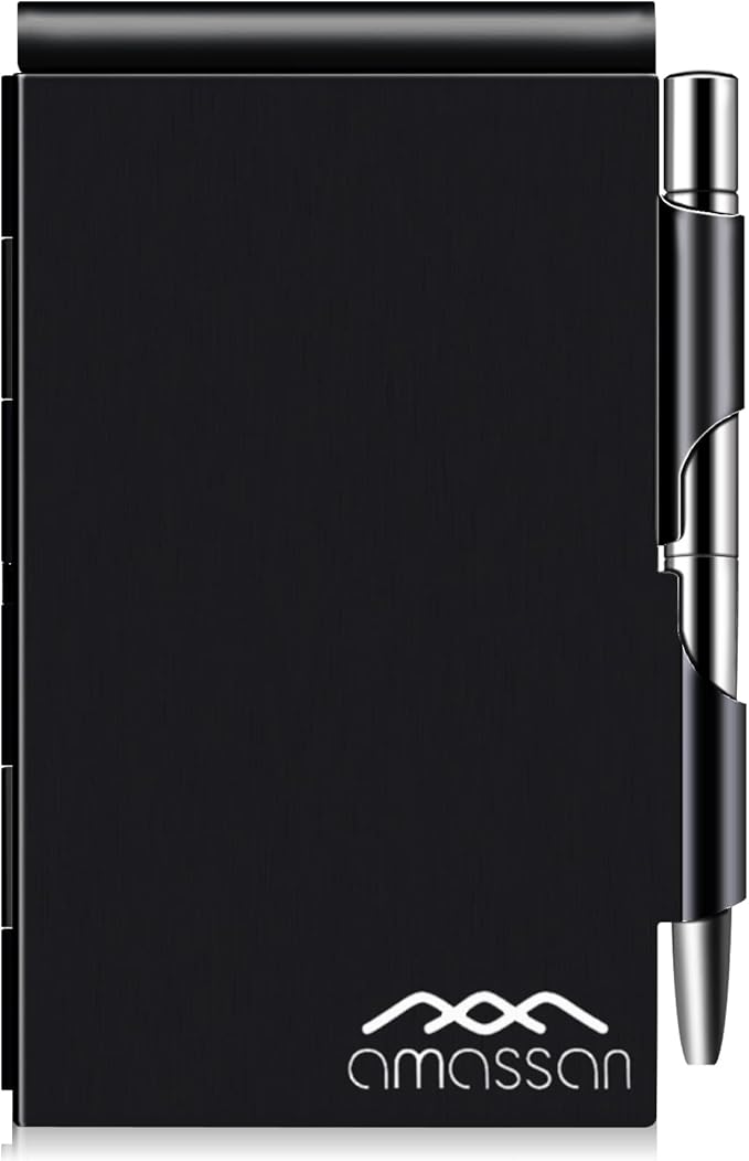 Metal Small Notebook, Mini Notepad, Small Pocket Notepad Aluminum Note Case with Mini Metal Pen and 60-Page Sheets - Memo Books Note Pads, Solid Black