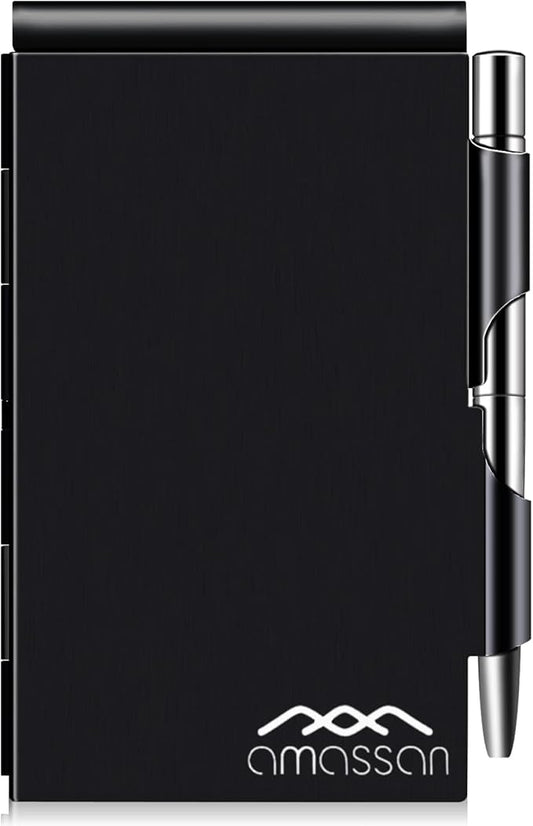 Metal Small Notebook, Mini Notepad, Small Pocket Notepad Aluminum Note Case with Mini Metal Pen and 60-Page Sheets - Memo Books Note Pads, Solid Black