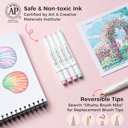Ohuhu Alcohol Markers Brush& Fine 48 Pastel Colors for Adults Cozy Coloring