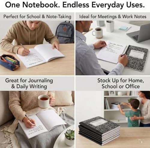Trail maker 5 Pack Composition Notebooks, Wide Ruled Marble Cover, 200 Pages (100 Sheets), 9.75 x 7.25, Bulk School Supplies for Classroom, Office & School Donations