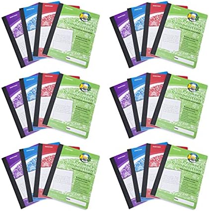 Mintra Primary Composition Notebook, 24 units 6-4 Pack, Assorted Colors, 80 Sheets, 7.5in x 9.75in, Full Sheet, Ruled with Drawing Area, Flexible Hardcover Journal, Grades K-2, School & Home Use