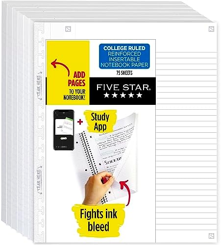 Five Star Insertable Loose Leaf Paper + Study App, 6 Pack, Notebook Paper, College Ruled to Add Pages, Reinforced, 8.5 x 11, 75 Sheets per Pack (170015)