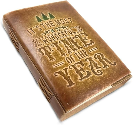 Leather Bound Christmas Journal – It’s The Most Wonderful Time of the Year Embossed Design, Handmade 7x5 Blank Diary with 125 GSM Cotton Paper, Vintage Writing Notebook
