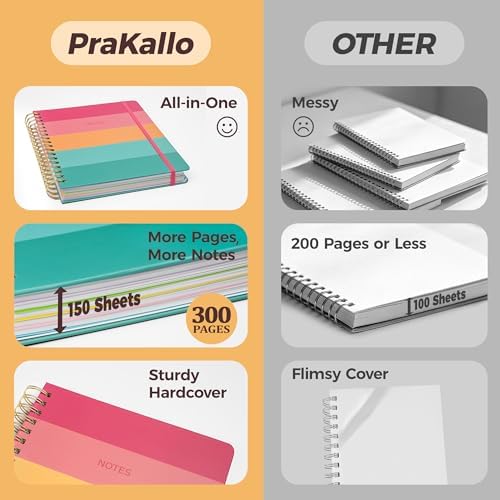 Hardcover Spiral Notebook Journal for Women & Men, Cute 5 Subject Notebook College Ruled for School & Work, Journaling Notebooks with Removable Dividers Tabs, 8" x 10", 300 Pages, Happy Stripes