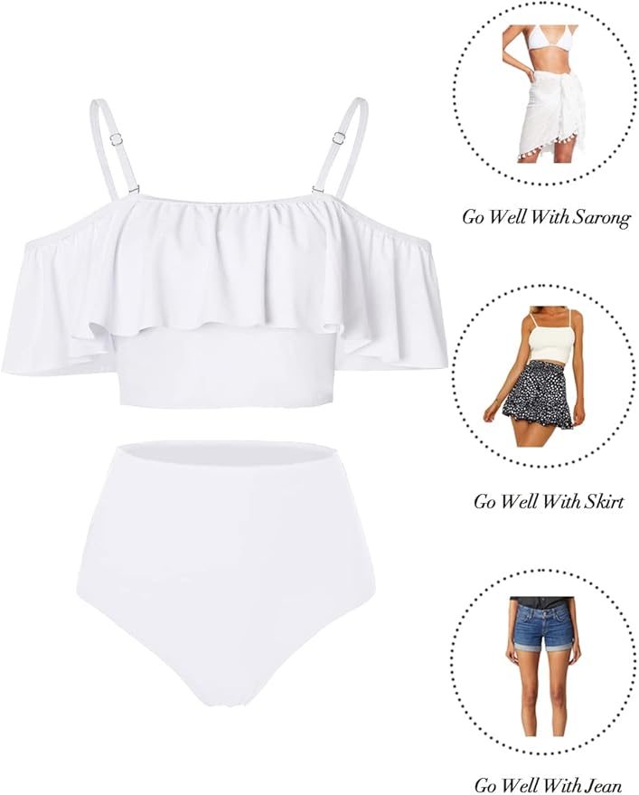 Kaei&Shi High Waisted Flounce Bikini Set,Tummy Control Swimsuits for Women,Off Shoulder
