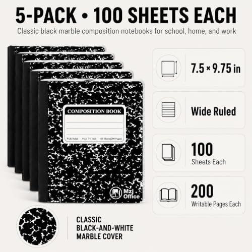 Marble Composition Notebooks, Wide Ruled, 5-Pack_100 Sheets