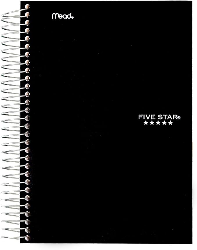 Five Star Spiral Notebook, 5 Subject, College Ruled Paper, 9-1/2" x 6", Black (73655)