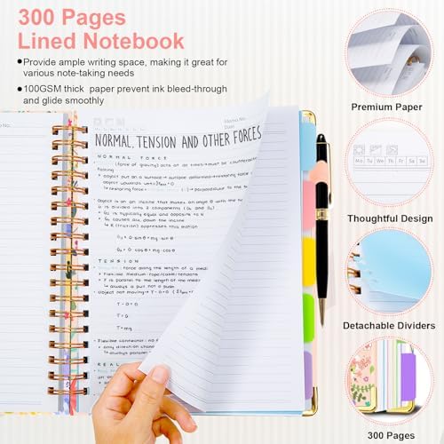 Spiral Journal Notebooks for Work, 300 Pages 5 Subject Notebook College Ruled with Dividers & Tabs, A5 Notebook Journal for Women Students Note-Taking and Organizer (Beige Bloom)