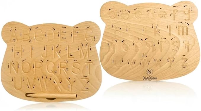 Double-Sided Wooden Alphabet Tracing Board, Premium Natural Wood, Uppercase & Lowercase Letters (19.5x16x1.45cm Bear)