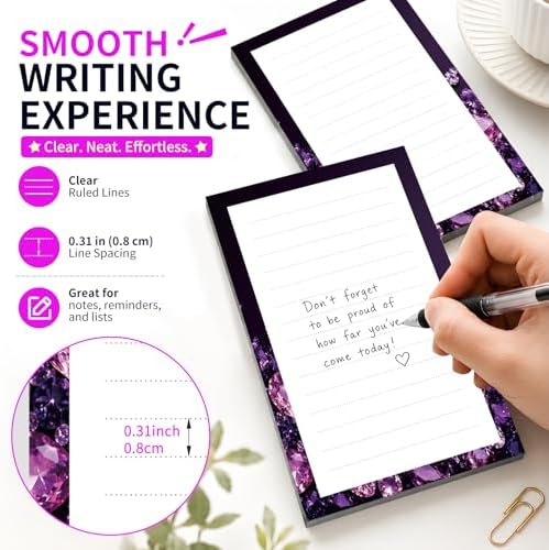 Lined Sticky Notes 4x6 in, 2 Pack Large Cute Notepads with Lines Self-Stick Note Pad, Funny Memo Pads Strong Adhesive for Office, Home Purple Glitter Diamond