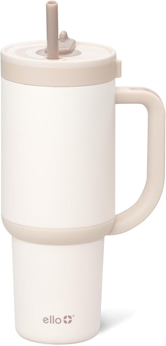 Ello Oasis 30 oz Tumbler with Handle & Retracting Straw | Reusable Insulated Stainless Steel Cup 100% Leakproof, Gifts for Teens Women Men | Keeps cold for 24 Hours, Cup Holder Friendly, Cream Tonal