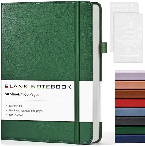 Journal Notebook, A5 Leather Hardcover Blank Sketchbook, 160 Pages, 180° Lay-Flat Binding, 100 GSM Thick Paper, for Sketching, Drawing, Art Journaling & Creative Writing (Green)