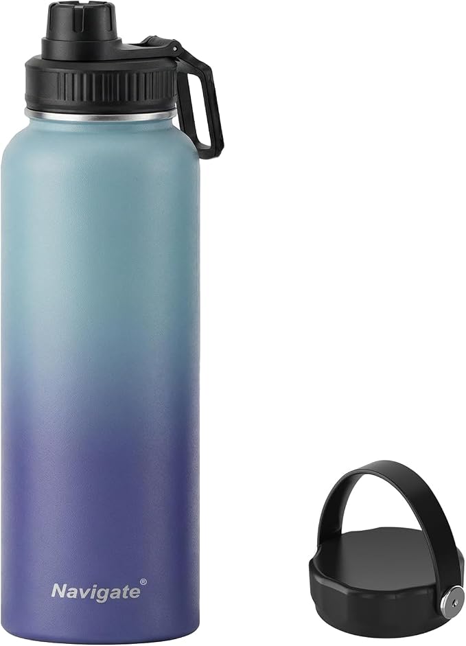 Navigate 40 oz Insulated Stainless Steel Sports Water Bottle with Spout & Handle Lids,Wide Mouth Water Jug with Double Walled Leak Proof Keep Cold for 24 Hrs Hot for 12 Hrs, Blue Gradient