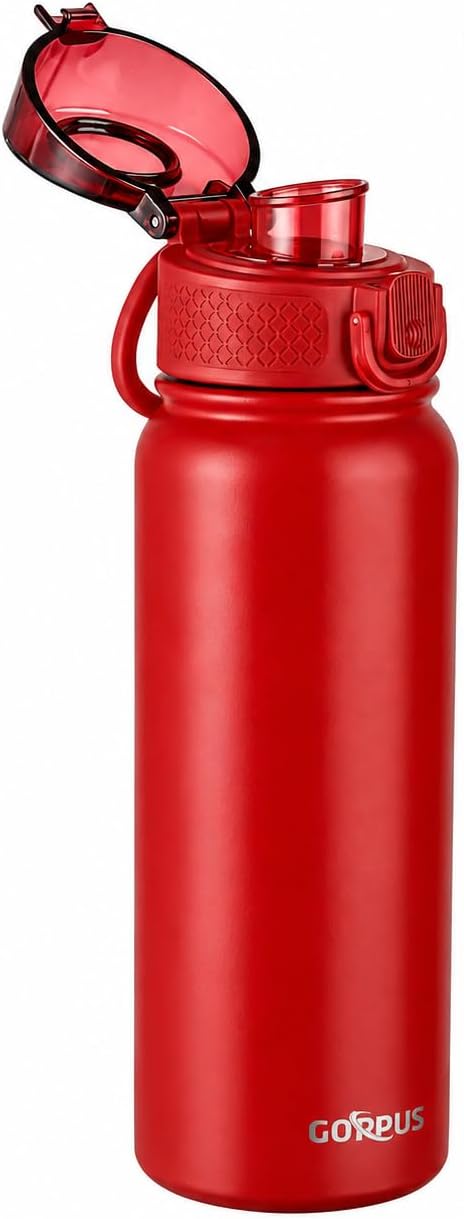 GOPPUS 20 Oz Insulated Stainless Steel Water Bottle BPA-Free Sports Water Bottle, Great for Travel, with Chug Lid - Leak & Sweat Proof with Anti-Dust Lid(Red)