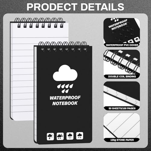 Thboxes 6 Pack Waterproof Pocket Notebooks, 5 x 3 Inch, Top Spiral Pads Set