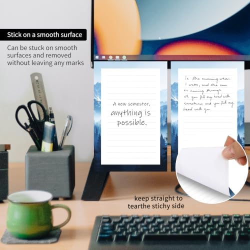 2 Pack Lined Sticky Notes 4x6 in, Cute Self-Stick Notepads with Lines, Large Memo Pads Strong Adhesive for Office, Home Blue Cute Mountain
