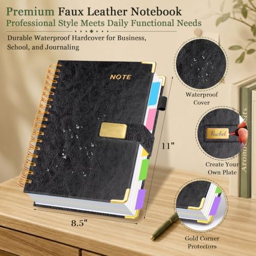 Hardcover Spiral Notebook 8.5''x 11'' College Ruled Notebook with Magnetic Closure, 300 Pages 5 Subject Notebooks with Pocket Dividers for Work School, A4 Leather Journal for Women, Men (Black)