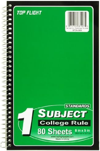 Top Flight Standards 1-Subject Wirebound Notebook, No Holes, 80 Sheets, College Rule, 8 x 5 Inches, 1 Notebook, Color May Vary (33107)