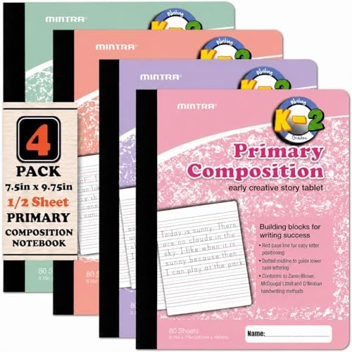 Mintra Office Primary Ruled Composition Books (Primary Ruled - Pastel - Full Sheet, 4 Pack)