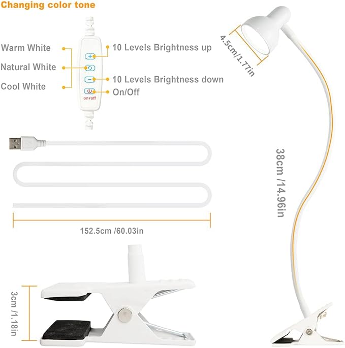 Clip on Lamp USB Reading Light, 3 Color Modes, 10 Brightness Dimmable, 360° Flexible Desk Lamp with Clamp, Eye Care Clip on Light for Bed Desk Headboard Home Dorm White