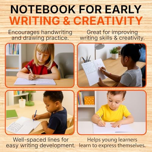 Mintra Primary Composition Notebook, 4 Pack, Assorted Colors 80 Sheets, 7.5in x 9.75in, 1/2 Sheet, Ruled with Drawing Area, Flexible Hardcover Journal, Grades K-2, School & Home Use