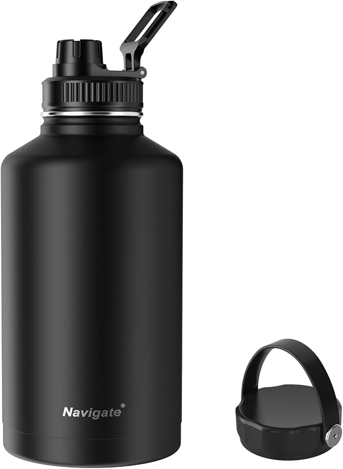 Navigate 64oz Insulated Water Bottle for Sports, Keep Cold 24H | 2-in-1 Spout and Handle Lids, Double Leak-Proof, 18/8 Stainless Steel, BPA-Free, Wide Mouth for Gym and Hiking,Black