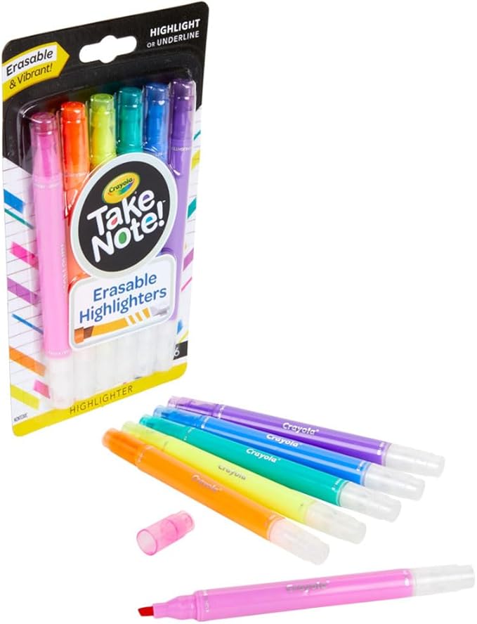 Crayola Take Note Erasable Highlighters (6ct), Teacher Essentials, Cute Aesthetic School Supplies, No Bleed Highlighters, Chisel Tip Marker Set