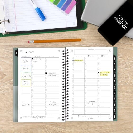 Five Star® Customizable Academic 2026-2027 Weekly Monthly Student Planner Plus Study App, Color May Vary, Small, 5 1/2" x 8 1/2"