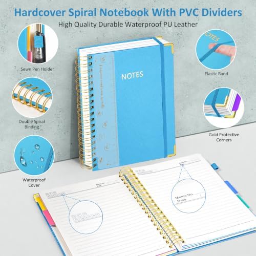 Hardcover Spiral Notebook Journal, 8"x10" Large B5 Notebooks with Removable Dividers Tab, 300 Pages Leather 5 Subject Notebook College Ruled, Lined Journal for Women Work School Note Taking, Lake Blue
