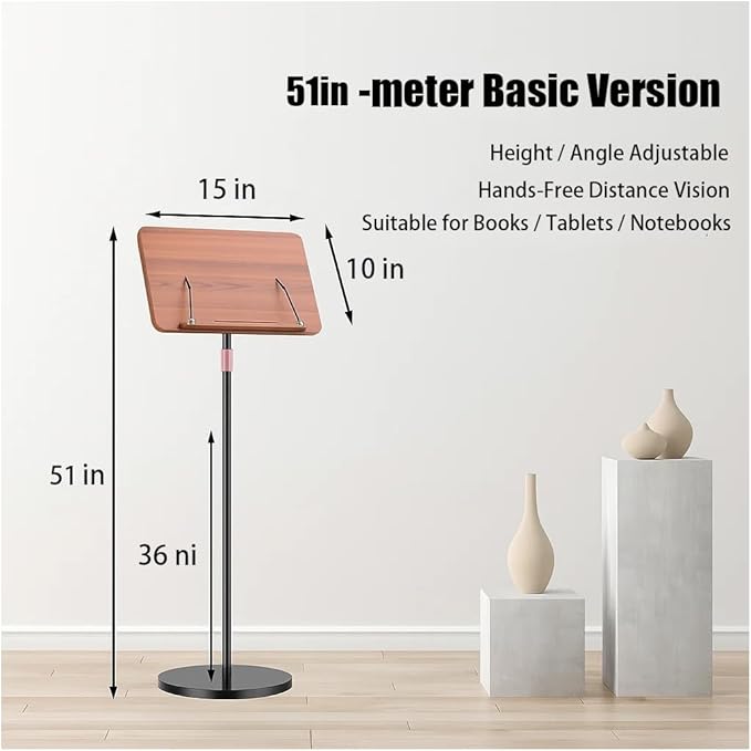 Adjustable Standing Book Stand,Book Reading Stands,Wood Music Sheet，Podium& Bible& Cookbooks Display Stands.Goodbye to Head Down Fatigue Adjustable Viewing Angle (Black, 51in)