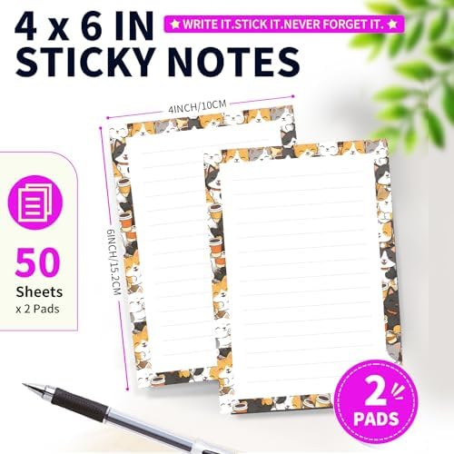 Lined Sticky Notes 4x6 in, 2 Pack Large Cute Notepads with Lines Self-Stick Note Pad, Funny Memo Pads Strong Adhesive for Office, Home Cute Funny Cats