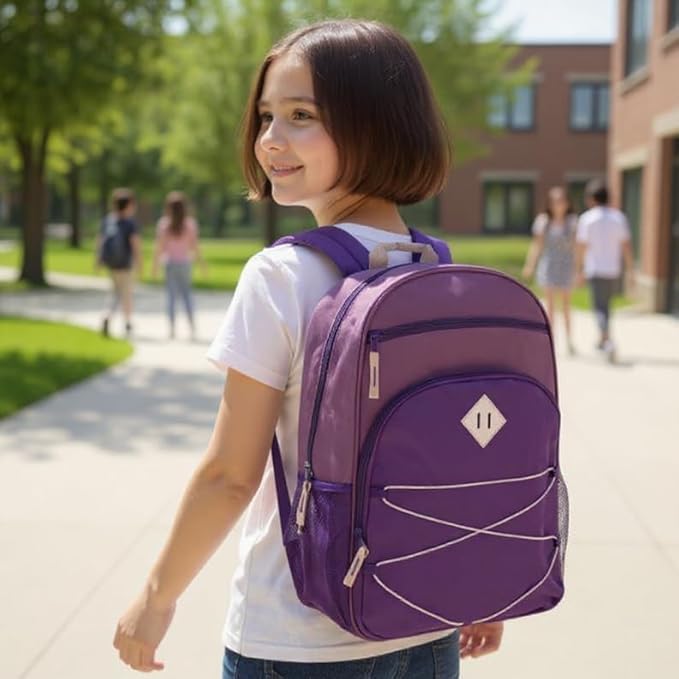 Summit Ridge Backpacks with Bungee Cord Front | 17” Multi Pocket Backpack for Adults, College, Travel (Purple/Lilac)